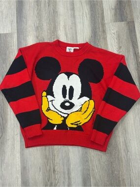 Disney Red Mickey Mouse Crewneck Sweater with Black Stripes and Yellow Accents
